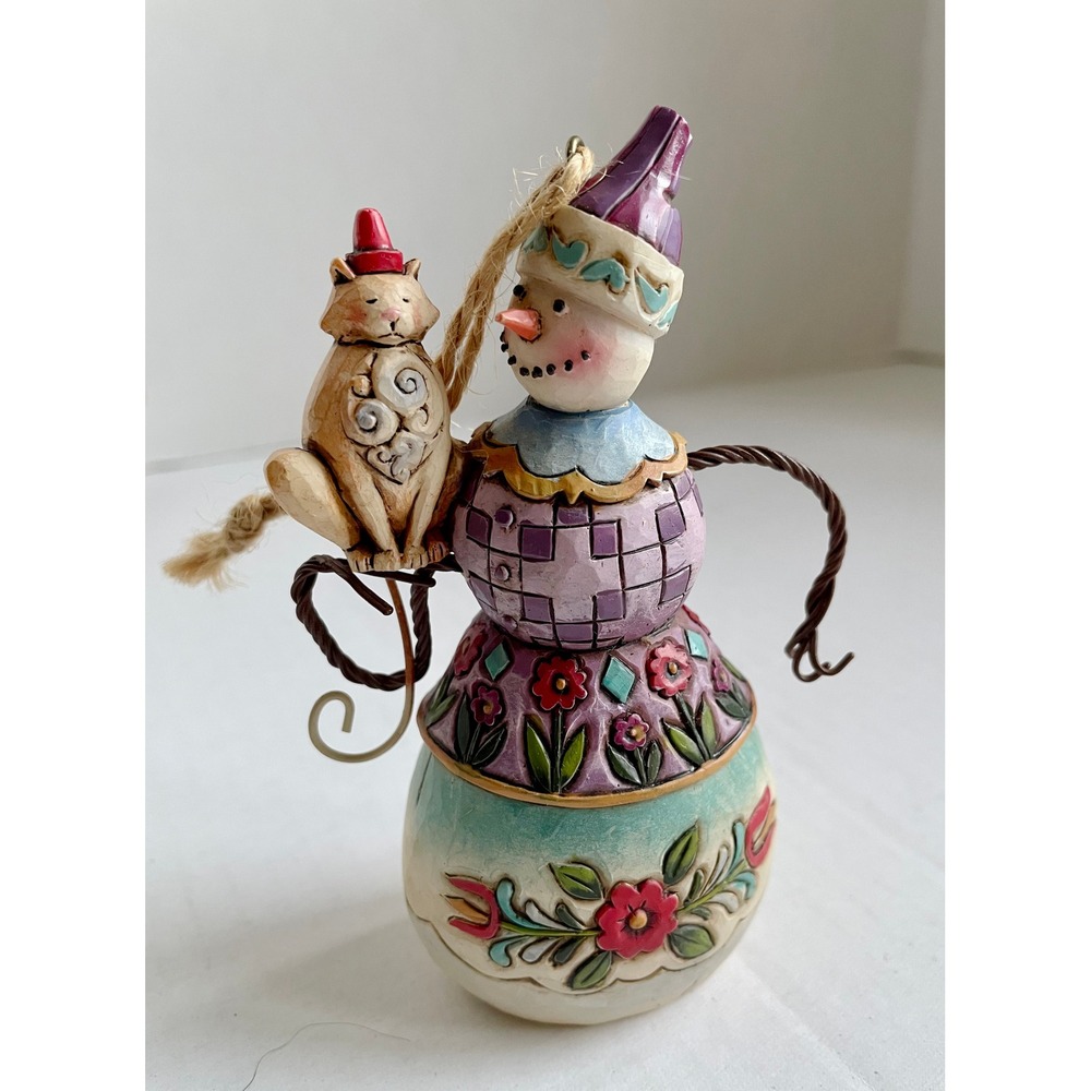 Jim Shore Heartwood Creek Snowman with Cat Ornament 2010 Enesco 4.5 inch